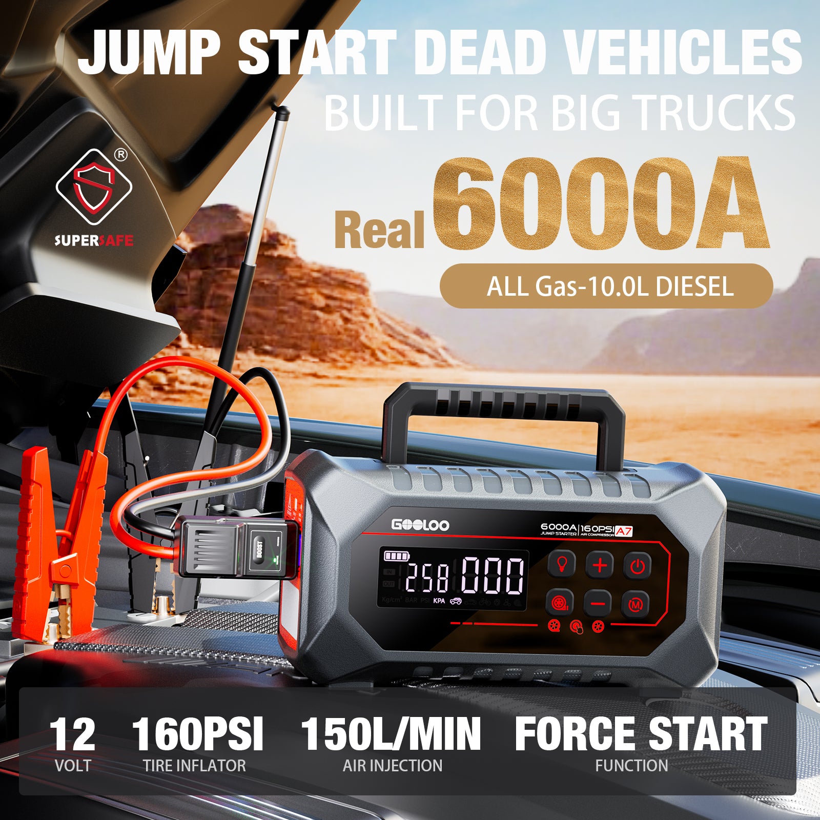 GOOLOO A7 Supersafe Jump Starter with Air Compressor and Air Pump 6000A