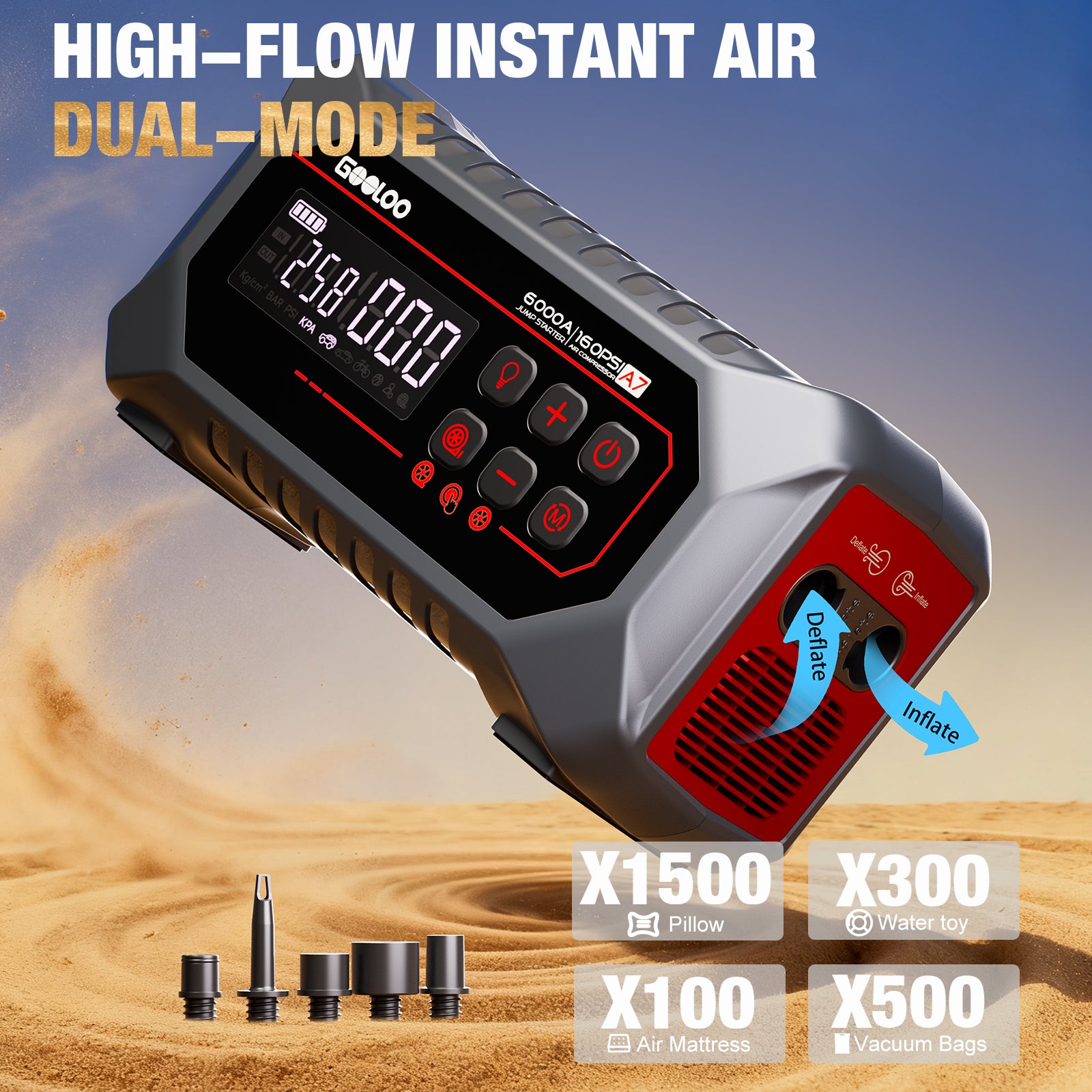GOOLOO A7 Supersafe Jump Starter with Air Compressor and Air Pump 6000A