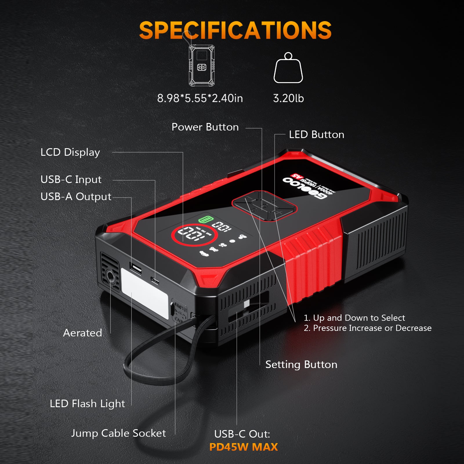 GOOLOO A5 Supersafe Jump Starter with Air Compressor 4000A